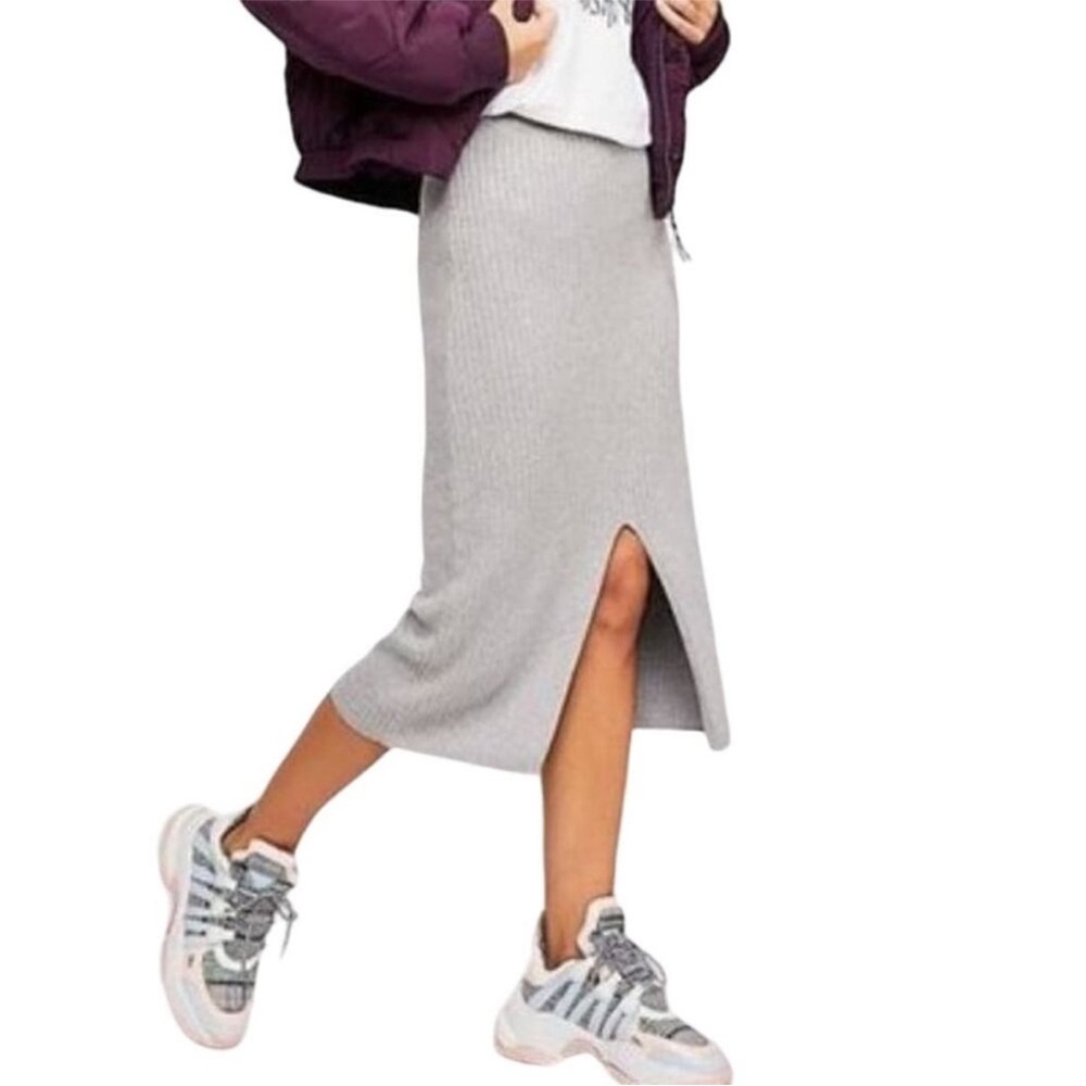 Free People Skyline Ribbed Midi Skirt Front Slit Gray Size Medium